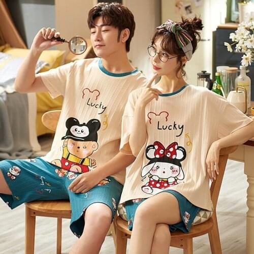 Summer New Lovers Homedress Pajamas Sets Womens Short Sleeve Nightgown Round Neck Sleepwear Cotton Couples Casual Home Clothing