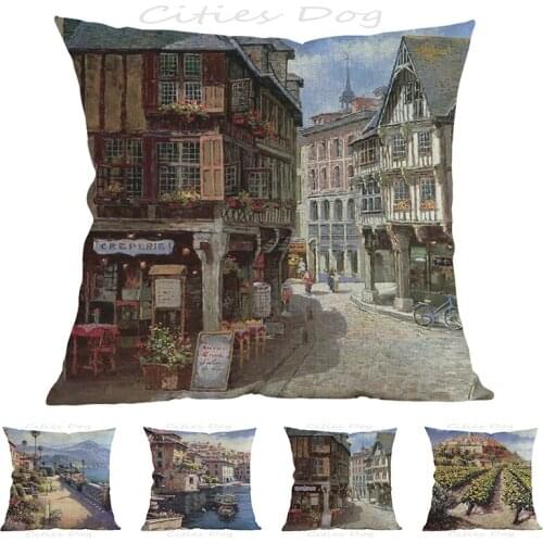 Simple European and American town painting art 45*45cm square pillow case Cushion cover bar sofa pillow cushions covers