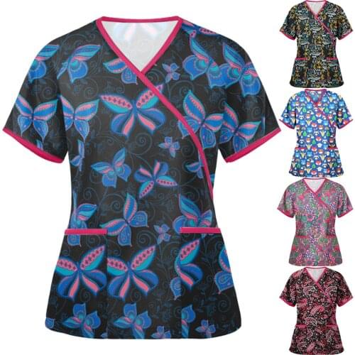 Working Nurse Uniform Tops V Neck Butterfly Print Casual T-shirts Short Sleeve Nuring Tops for Women Mukoti Yunifomu Drop Ship