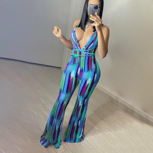 Rainbow Tie Dye Print Sexy Bell Bottom Rompers Women Spaghetti Strap Backless Party Club Outfit Summer Backless Bodycon Overall