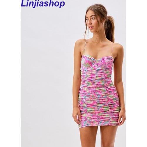 Romantic Women Fashion Backless Flower Print Sling Sexy Dress Ladies Draped Bodycon Mini Club Party Dress Summer Robe