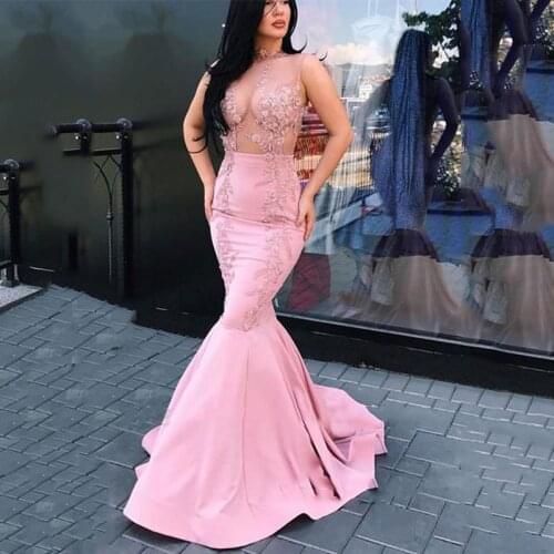 Pink Mermaid Prom Dresses 2020 Satin Lace Sleeveless Muslim Evening Gowns Women Long Dress Party Formal vestido de festa