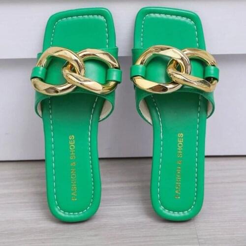 2021 Summer Fashion Women Slippers Metal Chain Flats Open Toe Slide Sandals Lady Luxury Design Beach Leisure Outdoor Green Shoes
