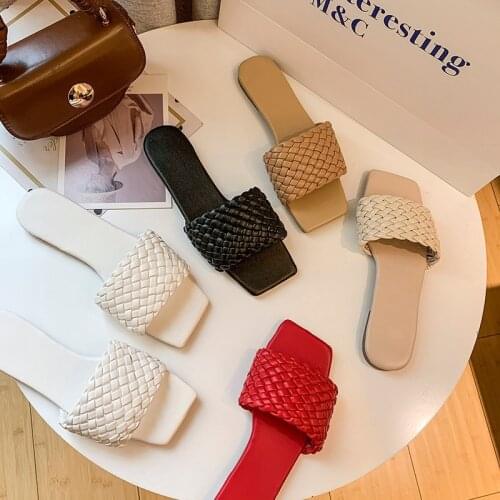 Summer Womens Flat Slippers Plaited Fashion Square Toe Woman Shoes Lattice Ladies Slides Casual Comfort Open Toe Female Mules