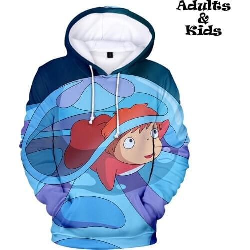 Super Cute Ponyo On The Cliff Sweatshirts Cartoon Style Ponyo And Sosuke Anime 3D Hoodies Family Outfits Kawaii Kids Hoodies