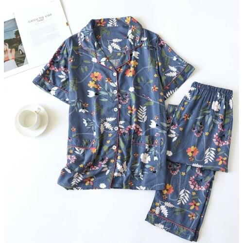 Spring/Summer Sleepwear Sets Short-Sleeved Trousers Pajamas Two-Piece Ladies 100% Viscous Slim Flowers Elegant Home Wear Pijamas