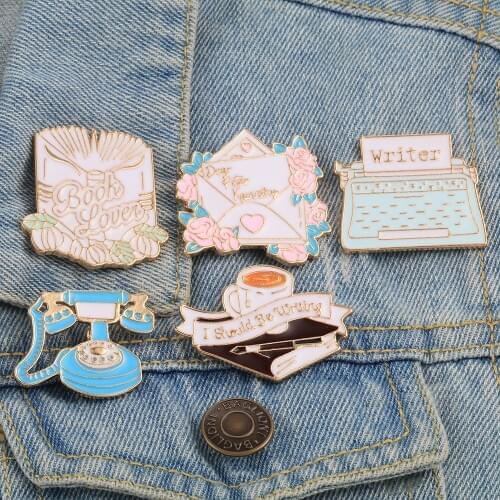 Vintage Black Book Love Cup Blue Phone Pink Flower Envelope Typewriter Brooch Enamel Pins Backpack Hat Lapel Pin Classic Jewelry
