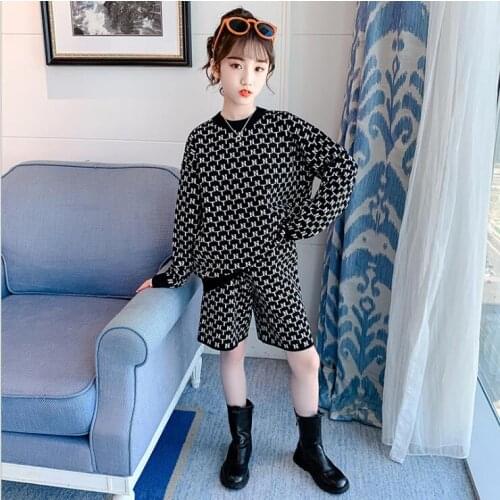 2021 Korea style girls 2 pcs knitted set sweater+shorts cotton fashion autumn girls suit 4-9t B495