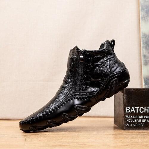 High top large size side zipper mens leather boots single shoes plus velvet mid-top cotton shoes leather casual mens shoes