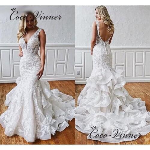 W0659 Sexy Backless V Neck Wedding Dress Mermaid 2021 New Tiered Train Lace Embroidery Custom Made Wedding Gowns China