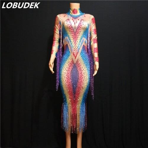Colorful Rhinestones Fringes Elastic Skinny Dress Fashion Stars Singer Concert Wrapped Buttock Long Dress Nightclub Host Costume