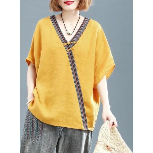 Oversized Loose Cotton Linen Women T-shirts 2021 Summer Vintage V-neck Short-sleeved Solid Cotton Female Pulls Tops Tees