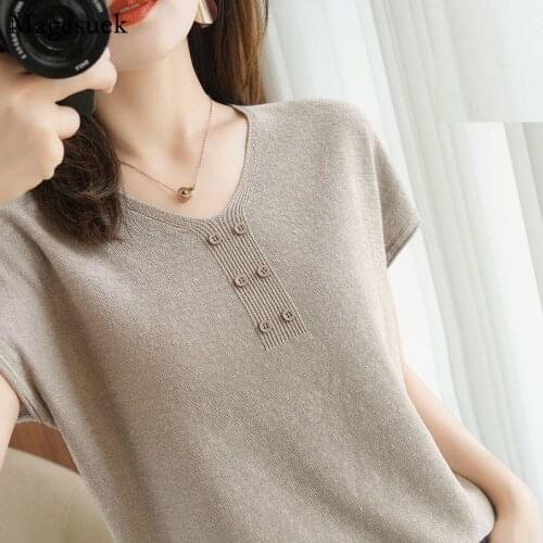 V-neck Ice Silk Knitted Blouse for Women Short Sleeve Cotton Shirt Summer New Casual Loose Office Fashion Clothing Blusas 14660