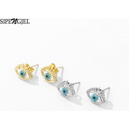 SIPENGJEL Fashion Blue Zircon Demon Eye Stud Earrings Gold And Silver Color Korean Piercing Earrings For Women Jewelry Gift 2021