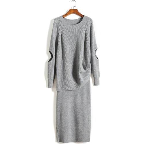 2020 Mid-calf Wool Sale Full O-neck Knit Suit Female Two-piece Skirt Fashion Hollow Long-sleeved Sweater + Slim Bag Hip Set
