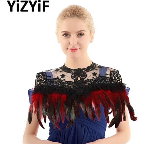 Women Costume Decoration Embroidery Lace Shrugs Cape Shawl Real Natural Feather Harness Collar Necklace Bib With Ribbon Ties