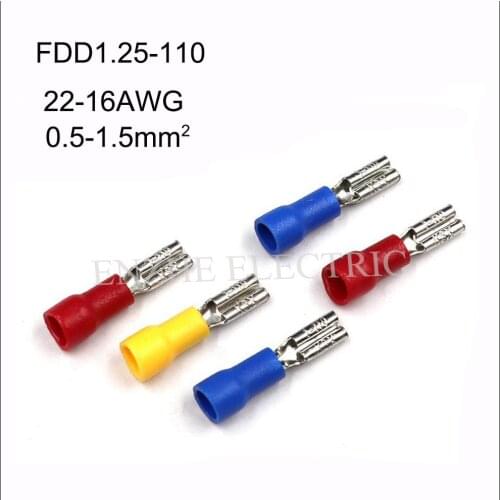 1000pcs FDD1.25-110 Brass Insulated female disconnectors Nylon 22-16AWG 10A 0.5-1.5mm2 fully Insulated joint Terminal
