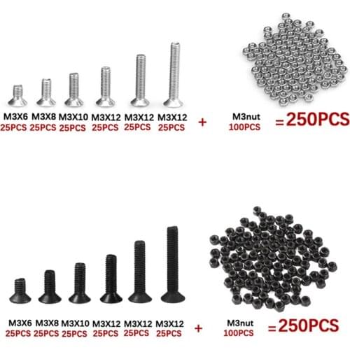 250Pcs/set Stainless Steel M3 Flat Head Screws Sets Hex Socket Bolt With Hex Nuts