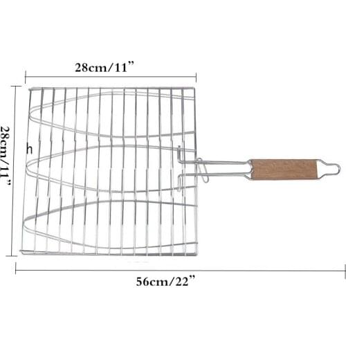 Non-stick Triple Fish Grilling Basket Outdoor BBQ Grilling Fish Rack w/ Wood Handle Barbecue Tool Fish Grill Net BBQ Accessorie