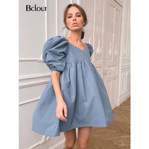 Bclout Vintage Blue Black A-Line Mini Dress Woman 2021 Summer Loose Sexy Patchwork Party Dress V Neck Half Sleeve Party Vestido