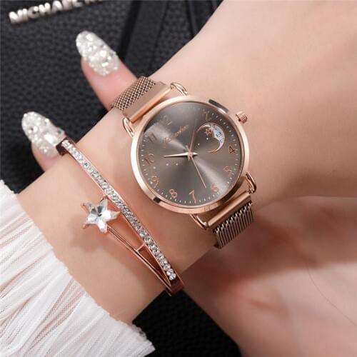 Rose Gold Mesh Strap Womens Fashion Watches Simple Numbers Dial Luxury Quartz Watch Women Clock Rose Gold Pointer Wristwatches