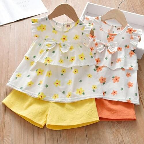 Toddler Baby Girl Flower Print Flare Short Sleeve Tops Girls Pink Mini Pant Kid 2Pcs/Set Kids Outfits Summer T-shirt Clothes