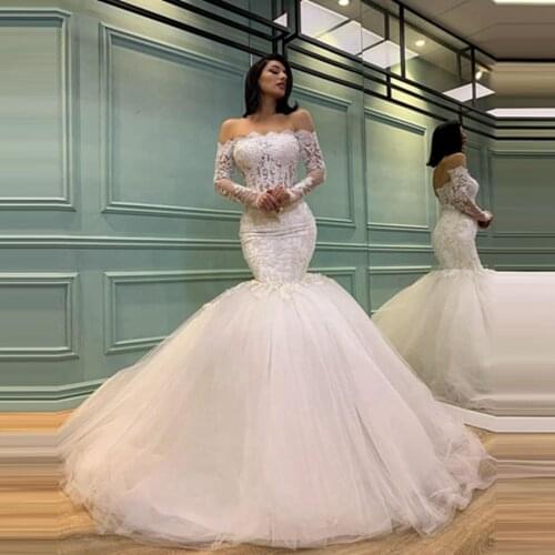 Elegant Boat Neck Lace Appliques Mermaid Wedding Gowns Illusion Very Puffy Tulle Bottom Bridal Dresses Hochzeitskleid Plus Size