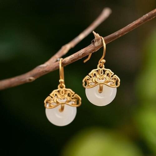 Natural Hetian Jade Blessing Within Sight Womens Earrings Earrings Non-Mainstream Style Han Chinese Clothing Cheongsam Match St
