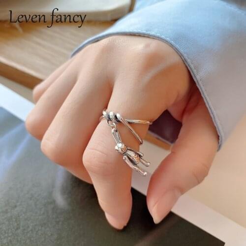 Three-dimensional Rabbit Bunny Ring Sterling Silver 925 Vintage Silver Double Twisted Line Simple Animal Ring for Yong Girls