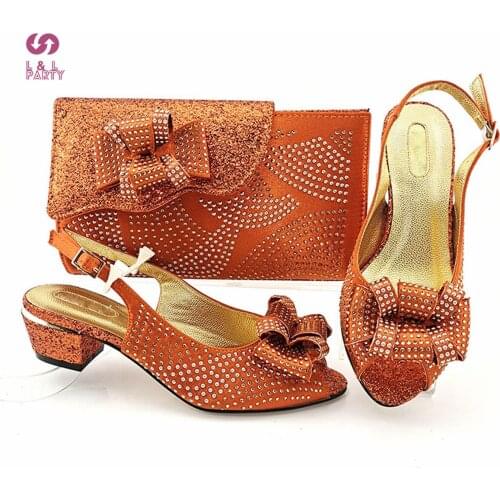 New Arrival Summer Orange Color Sandals Shoes And Bags Set Fashion African Women High Qiality Low Heels for Party