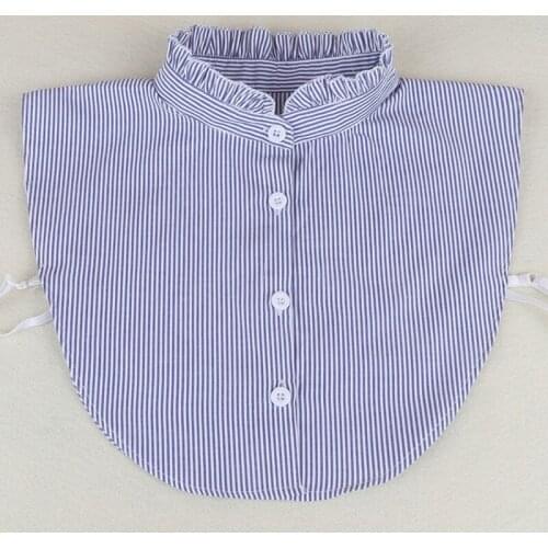 Korean Style Women Ruffles False Fake Stand Collar Half Shirt Blouse Button Down Vertical Striped Print Detachable Dickey Crop T