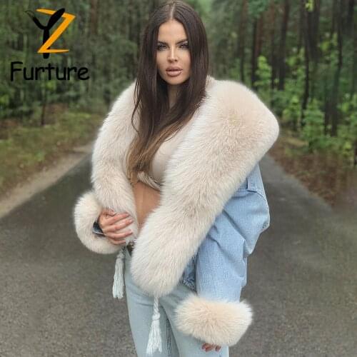 New Winter Real Fur Coat Denim Short Parka Jean Splice Jacket Removable Natural Fox Fur Collar Cuff Thick Warm Female Overcoat