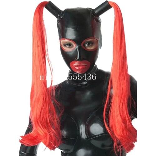 Latex Hoods with Wigs Customized Fetish Mask Hood Handmade Natural Zentai Hoods Women Black Open Eyes Headgear