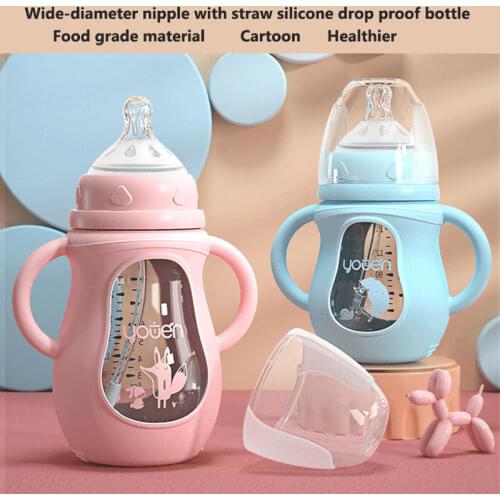 Cute Glass Baby Bottle Silicone Straw Water Drink Bottles For Baby Milk Feeder Set Baby Feeding Bottle Newborn Baby Bottle