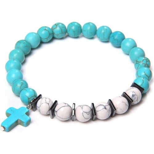 Trendy Jesus Cross Bracelet Natural Stone Green Blue White Turquoises Beads Bracelet Energy Hematite Bracelet Jewelry Women Men