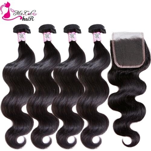 Ms Cat Hair Brazilian Body Wave 4 Bundles With 4x4 Lace Closure Free Part Human Hair Weave Bundles With Closure Remy Hair 5 Pcs/Lot