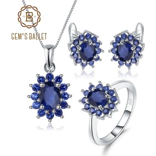 GEMS BALLET 925 Sterling Silver Jewelry Set for Women Classic Princess Natural Blue Sapphire Pendant Earrings Ring Set