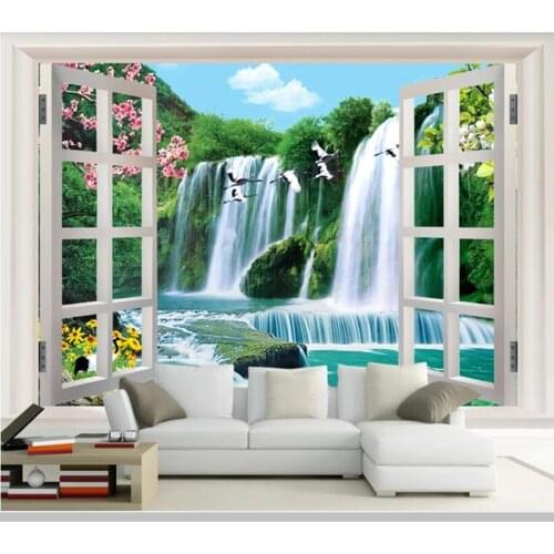 Papel de parede Window landscape waterfall painting 3D modern wallpaper,living room tv wall bedroom wall papers home decor mural