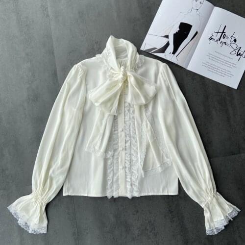 New ladies fashion 2021 long-sleeved sexy casual lace-up lace silk shirt 1221