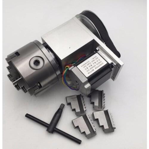 Hollow Shaft Rotary 4th Axis Tailstock 4-Jaw Lathe Chuck 100mm Nema23 Stepper Motor Rotational Axis for CNC Router Engraver