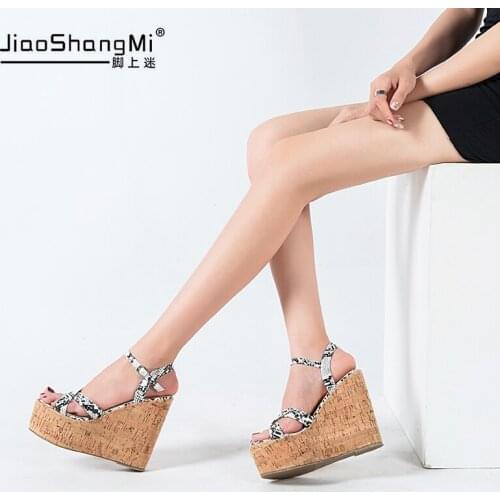 Sexy womens Wedges with female high heels black and white snake print sandals womens shoes