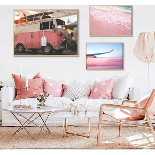 Nordic Ocean Landscape Canvas Poster Pink Beach Bus Airplane Wall Art Painting Vacation Life Scandinavian Style Home Decor