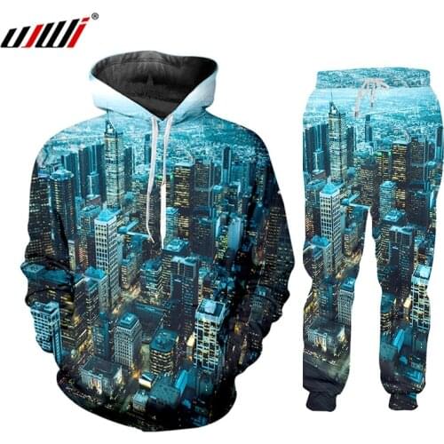 UJWI Sets Tracksuit Men Winter Hooded Sweatshirt Prosperous Building Outfit Sportswear Male Suit Pullover Two Piece Set Casual