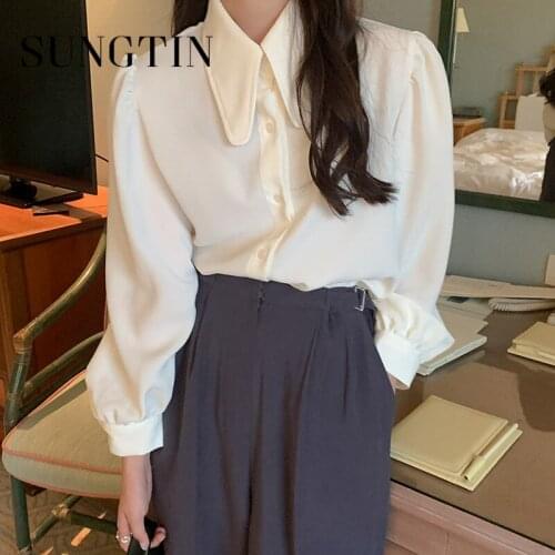 Sungtin Sweet Solid Puff Sleeve Shirts for Womens White Long Sleeve Blouse Shirts Female Summer Thin Korean Chic Cute Shirts New