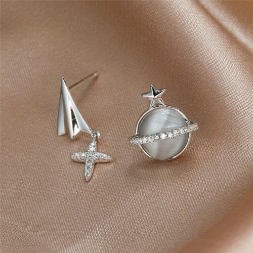 Creative Airplane and Planet Moonstone Stud Earrings For Women Real 925 Sterling Silver Star Cross White Crystal Zircon Earrings