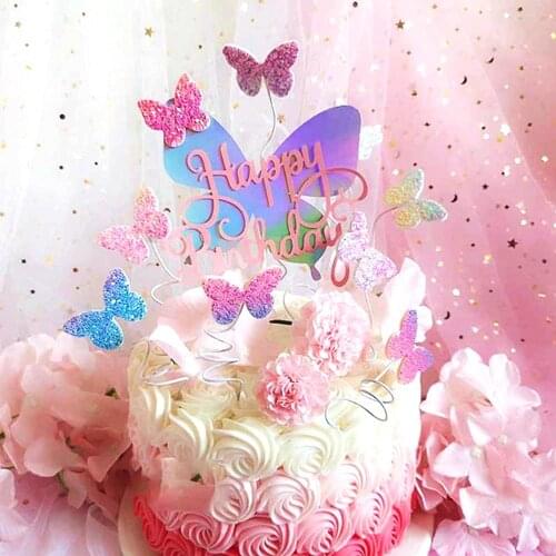 Bling Colourful Laser Butterfly Cake Topper Happy Birthday Cake Decor Wedding Bride Dessert Party Decorations