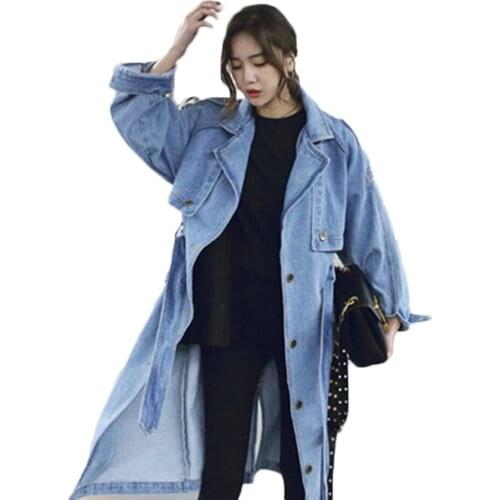 WSYORE Plus Size Korean Loose Denim Windbreaker Coat Spring and Autumn Women Mid-long Belt Denim Trench Coat Female NS2765