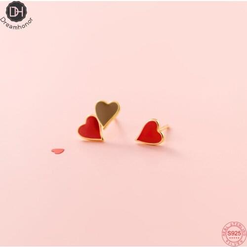 Dreamhonor Asymmetry 925 Sterling Silver Oil Painted Heart Shape Stud Earrings for Women Lovely Gifts