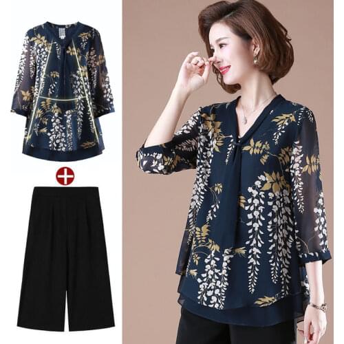 2020 Summer 2 Piece Set Women Short Sleeve Fashion Flower Printed Chiffon Crop Top and Wide Leg Pants Casual Two Piece Set W230