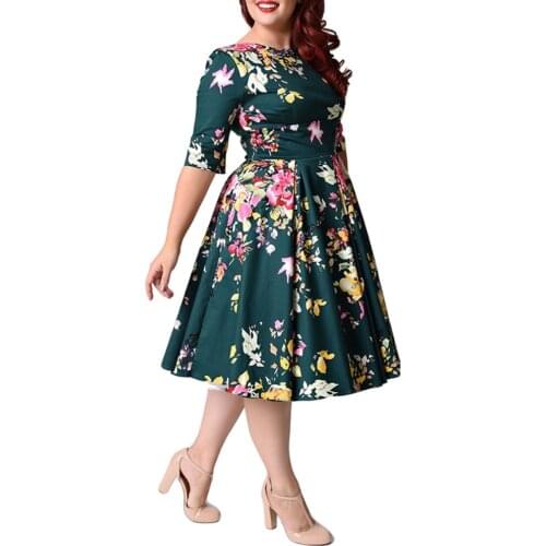 Wipalo Large Size 3XL to 9XL Women Dress Vintage Zipper Floral Print Tunic Big Swing Dress Plus Size Dresses For Women 2 Colour